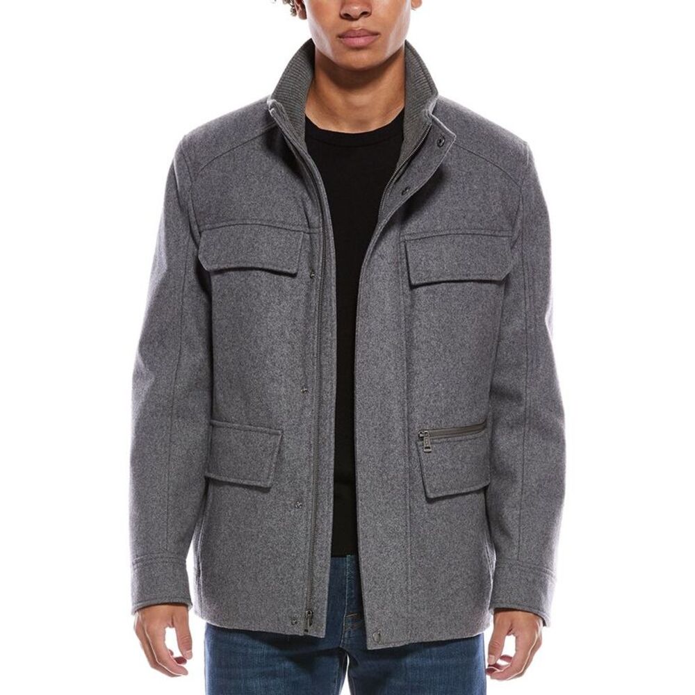 Cole Haan Signature Mens  Multipockets Wool-Blend Field Coat, Grey